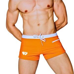 Men's Sexy Swim Trunks Front Pocket Resort Swimwear Orange M